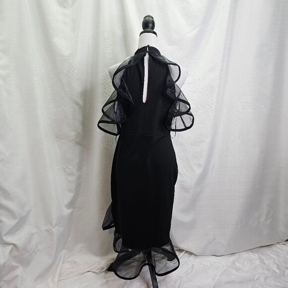 QUIZ Black Organza Ruffle Halterneck Bodycon Midi Dress Size US 10 - Picture 7 of 13